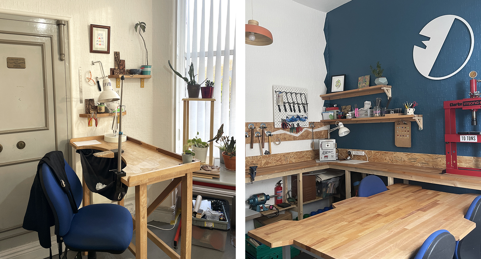 "Hot Bench" for jewellery making, by window, and view of wee workshop showing tools and table